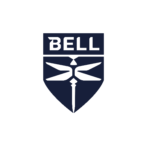 A navy blue shield logo with the word "BELL" at the top and a stylized dragonfly design below it, all on a light gray background.