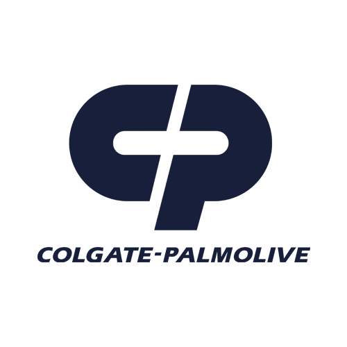 Colgate-Palmolive logo featuring a stylized "CP" design in dark blue above the company name in bold, uppercase letters on a light gray background.