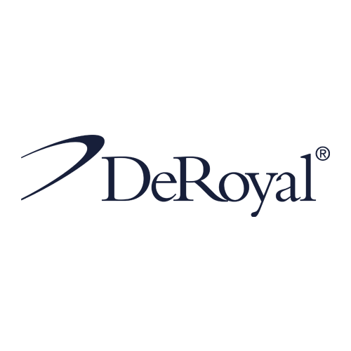 The DeRoyal logo featuring a stylized swoosh design to the left of the word "DeRoyal" written in navy blue text with a registered trademark symbol.
