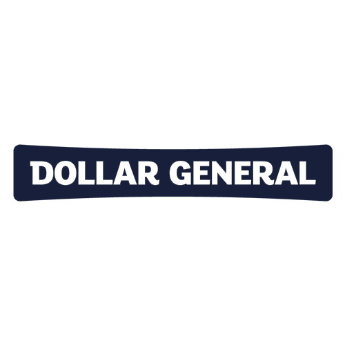 The image shows the Dollar General logo with white uppercase text reading "DOLLAR GENERAL" on a dark blue, slightly curved rectangular background.