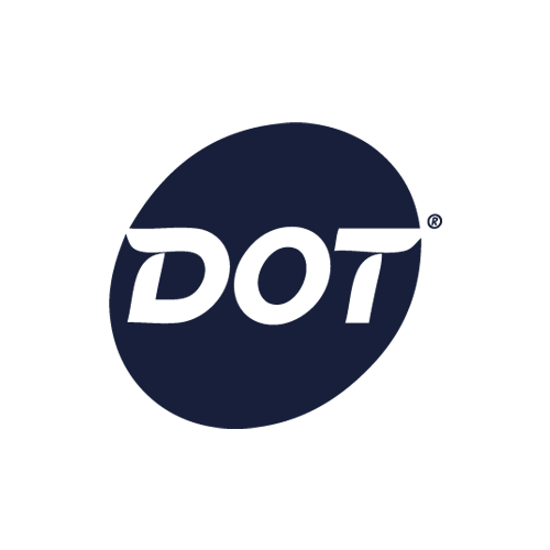 The image shows the word "DOT" in bold, white, italicized letters inside a dark blue oval shape on a light gray background.