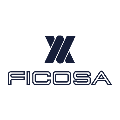 The image shows a stylized dark blue logo with two interlocking diagonal lines above the word "FICOSA" in bold, geometric capital letters on a light gray background.