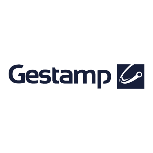 Gestamp logo with the word "Gestamp" in bold, dark blue letters, next to a dark blue square featuring a stylized swoosh and dot graphic on a light gray background.