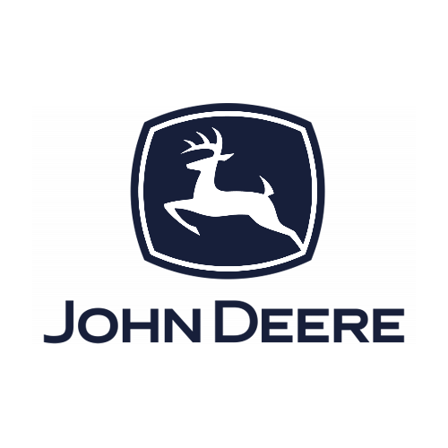 The image shows the John Deere logo, featuring a leaping deer inside a dark blue shield, with the words "JOHN DEERE" in bold, uppercase letters below the emblem.