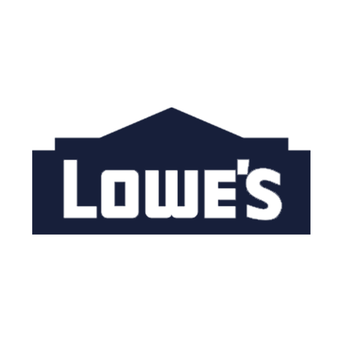 The Lowe's logo features the word "Lowe's" in bold white letters inside a dark blue house-shaped outline on a light gray background.