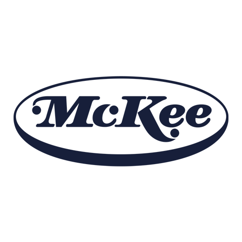 Logo of the word "McKee" in bold, navy blue letters with a stylized capital "K," set inside a navy blue oval on a white background.