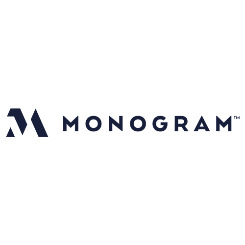 Monogram logo featuring a stylized navy blue letter "M" on the left, followed by the word "MONOGRAM" in bold, uppercase, navy blue letters on a light gray background.