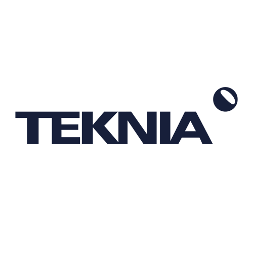 The image shows the word "TEKNIA" in bold, dark blue uppercase letters on a light background, with a diagonal bullet-like shape above the "A" at the end of the word.