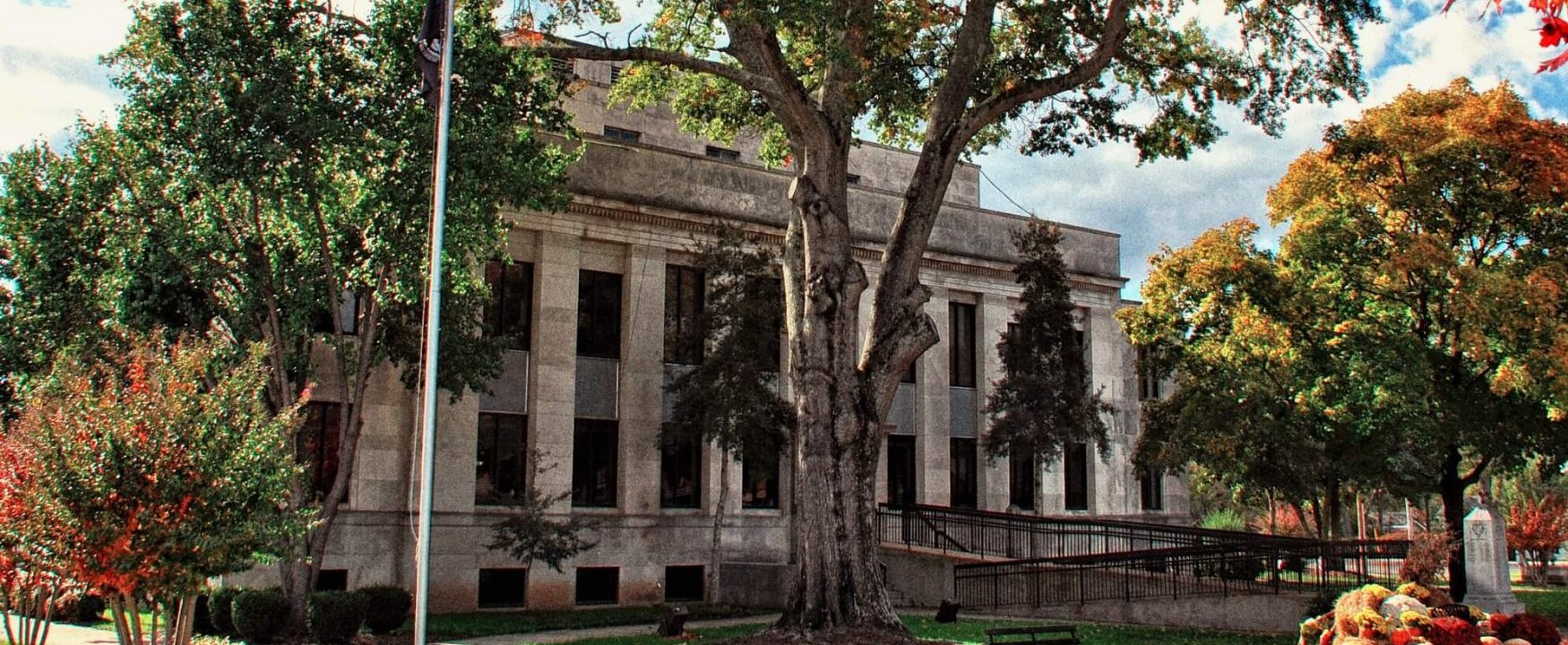 A large stone courthouse building with tall windows is partially shaded by a sprawling tree in front, surrounded by green and autumn-colored foliage and a flagpole on a sunny day.