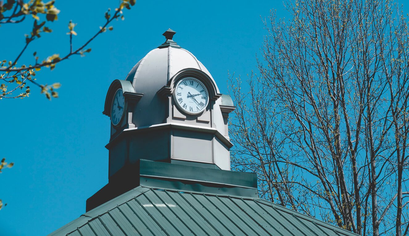 A white clock tower with a gray metal roof stands against a bright blue sky, with bare tree branches visible on the right side and budding branches on the left.