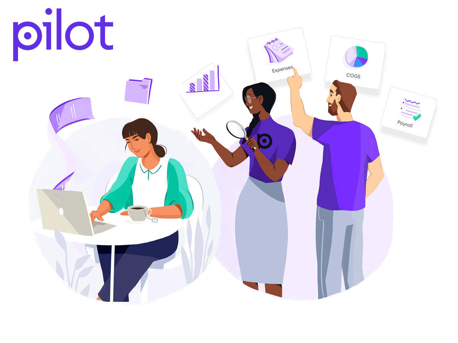 Illustration of three people working: one seated with a laptop and coffee, two standing and discussing charts and graphs. "Pilot" logo appears at the top left. Floating icons show documents, graphs, and financial charts.