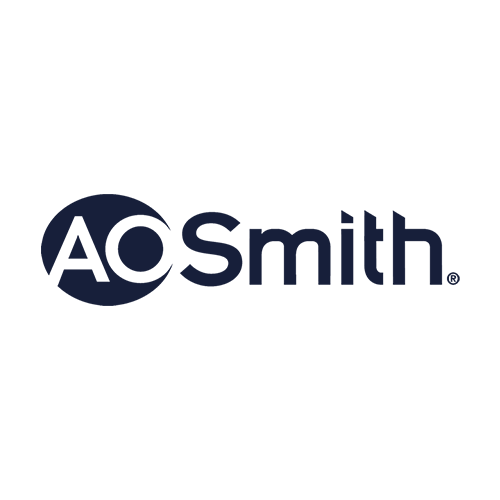 The image shows the A. O. Smith logo with "AOSmith" in bold navy blue letters on a light gray background. The letters "AO" are inside a dark oval shape.