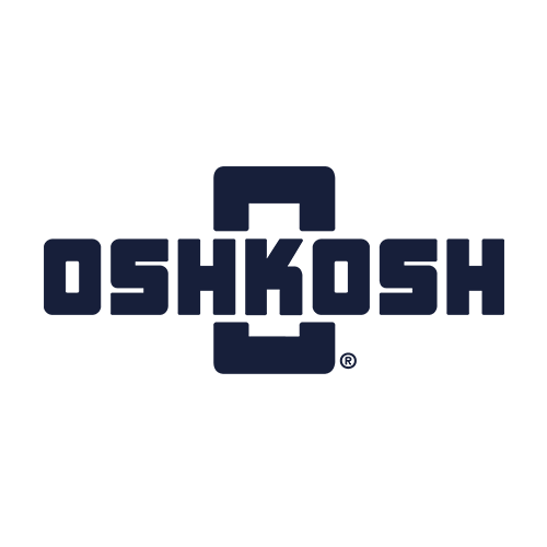 Oshkosh logo in bold, dark blue letters with a stylized, incomplete rectangle design above and below the "O" in the center, on a light background.