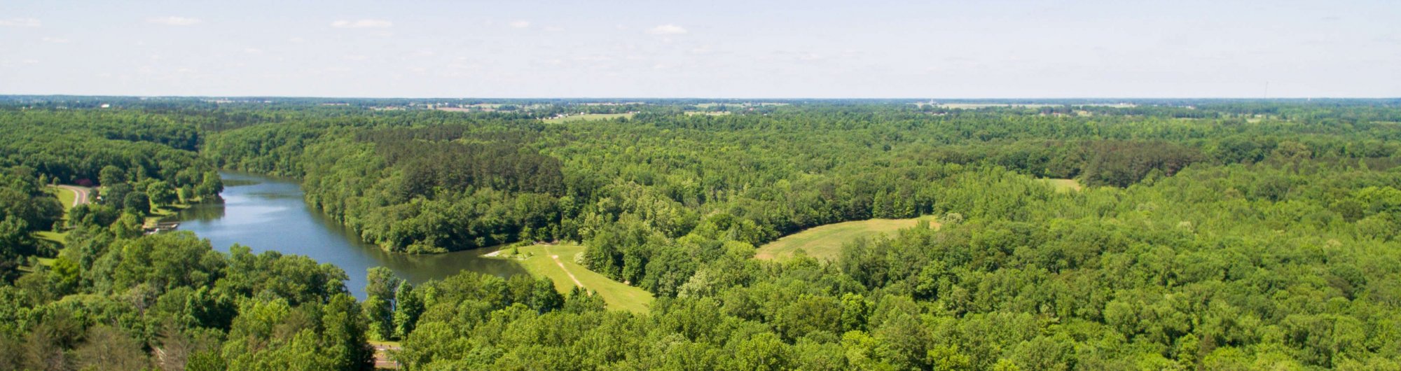 A wide aerial view of a lush, green forest landscape with a river or lake winding through the trees under a clear, blue sky.