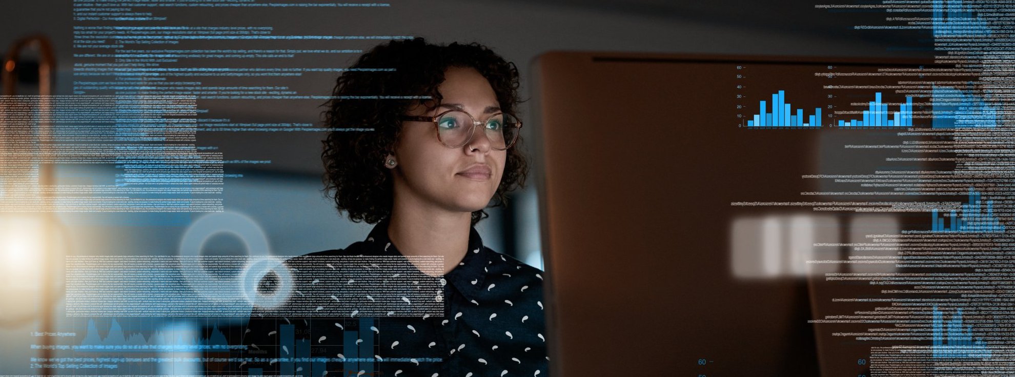 A person wearing glasses and a dark shirt sits at a desk, looking at a computer screen. Overlaid are digital graphics, including code and blue bar graphs, suggesting data analysis or programming work.