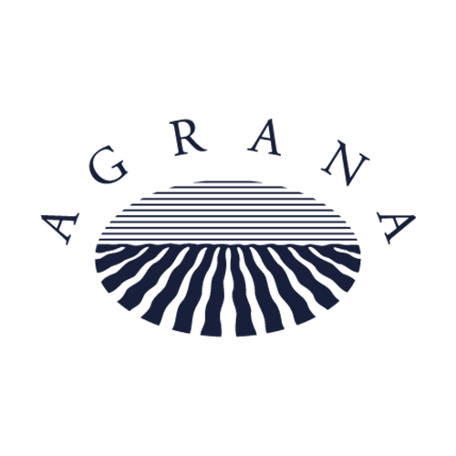 The image shows the AGRANA logo with stylized fields forming a half-oval shape, lines radiating outward, and the word "AGRANA" arched above the graphic, all in dark blue on a light background.