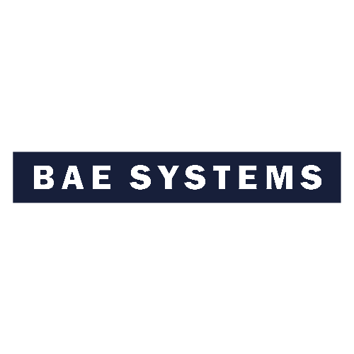 The image shows the BAE Systems logo with the company name "BAE SYSTEMS" in bold, white capital letters on a dark blue rectangular background.