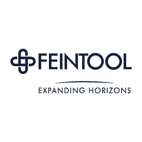 Feintool logo with a blue abstract symbol to the left of the word "FEINTOOL" and the tagline "EXPANDING HORIZONS" underneath on a light background.