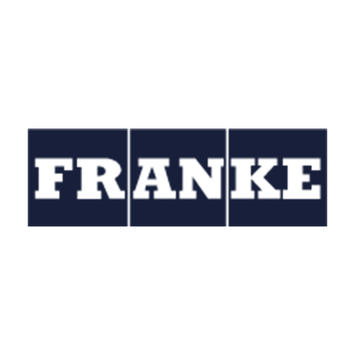 The image shows the word "FRANKE" in bold, white uppercase letters on a dark blue background, with each letter placed in its own rectangular block.