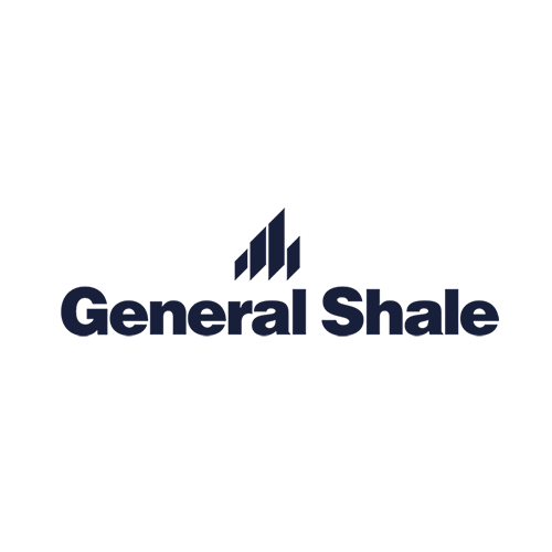 General Shale logo with five vertical blue bars forming a stylized triangle above the company name "General Shale" in bold blue letters on a light gray background.