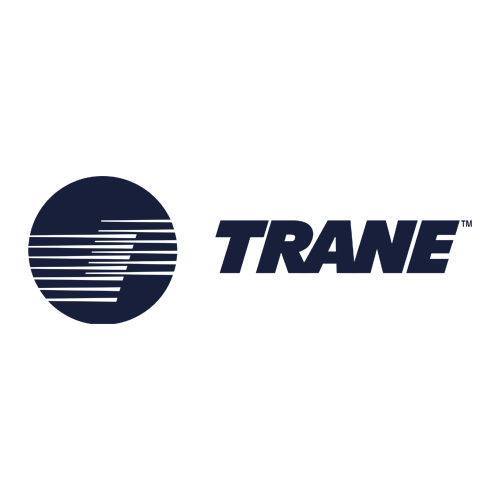 The logo features a dark blue circle with horizontal white lines and a stylized "T" inside, next to the bold, uppercase word "TRANE" in dark blue on a light background.