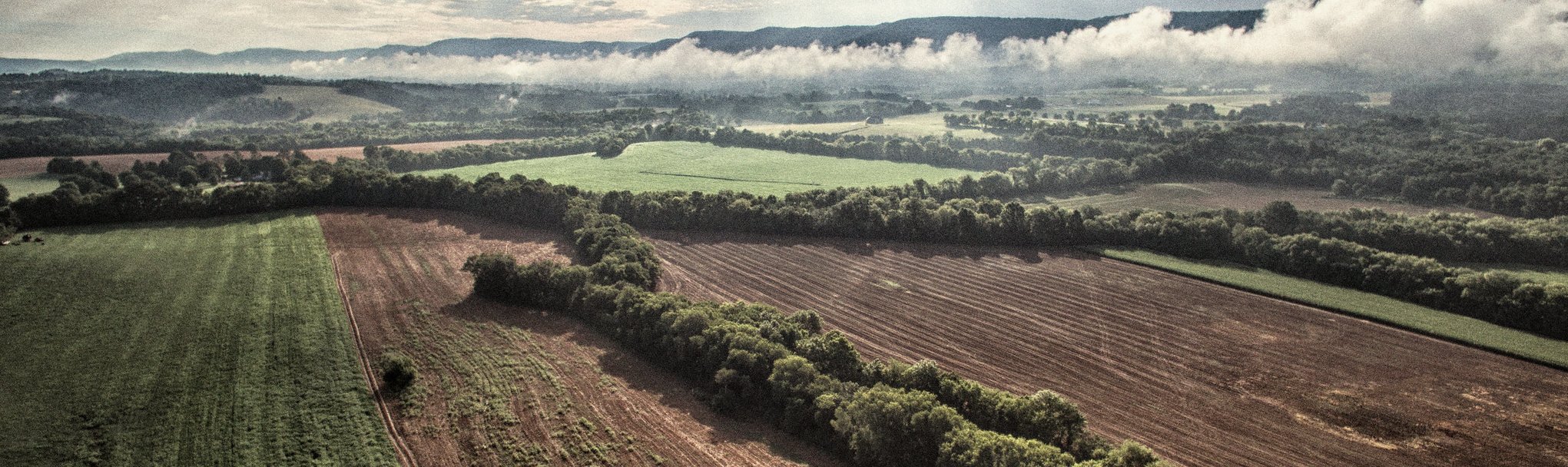 Aerial view of a rural landscape with green and brown fields, tree-lined borders, and low clouds or mist hanging over distant hills under a cloudy sky.