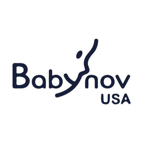Logo for Babynov USA with stylized dark blue text. The "y" forms a curved line resembling the silhouette of a parent holding a baby. The background is light gray.