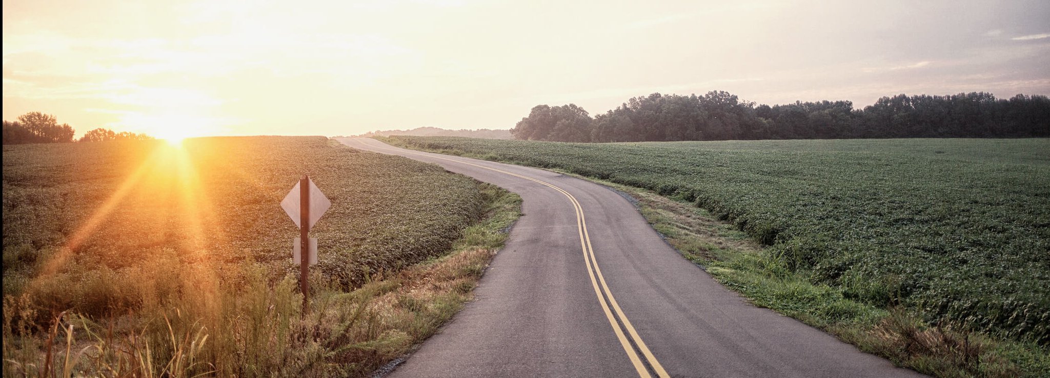 A paved country road with a double yellow line curves through green fields at sunrise. The sun is low on the horizon, casting a warm glow, with trees in the distance and a road sign on the left.