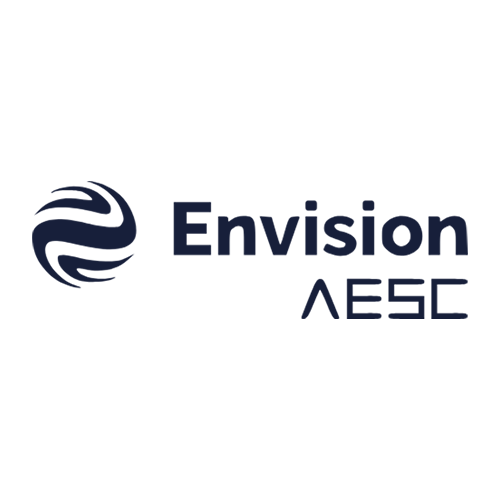 The image shows the Envision AESC logo, featuring a stylized circular icon to the left and the words "Envision AESC" in dark blue text on a light background.