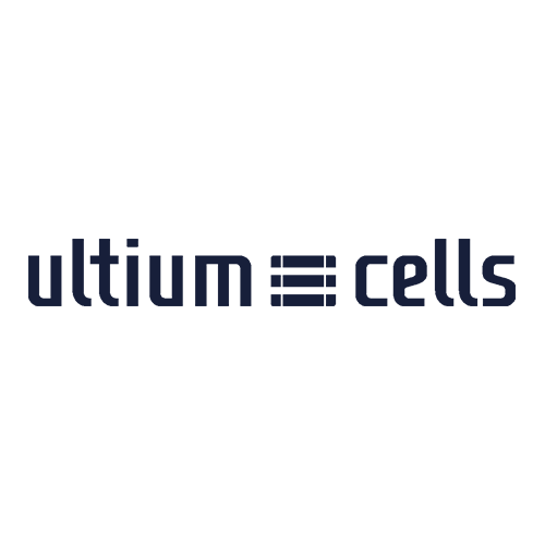 The image shows the Ultium Cells logo, with the words "ultium cells" in lowercase dark blue letters, separated by a stylized icon of three horizontal bars stacked vertically. The background is light gray.
