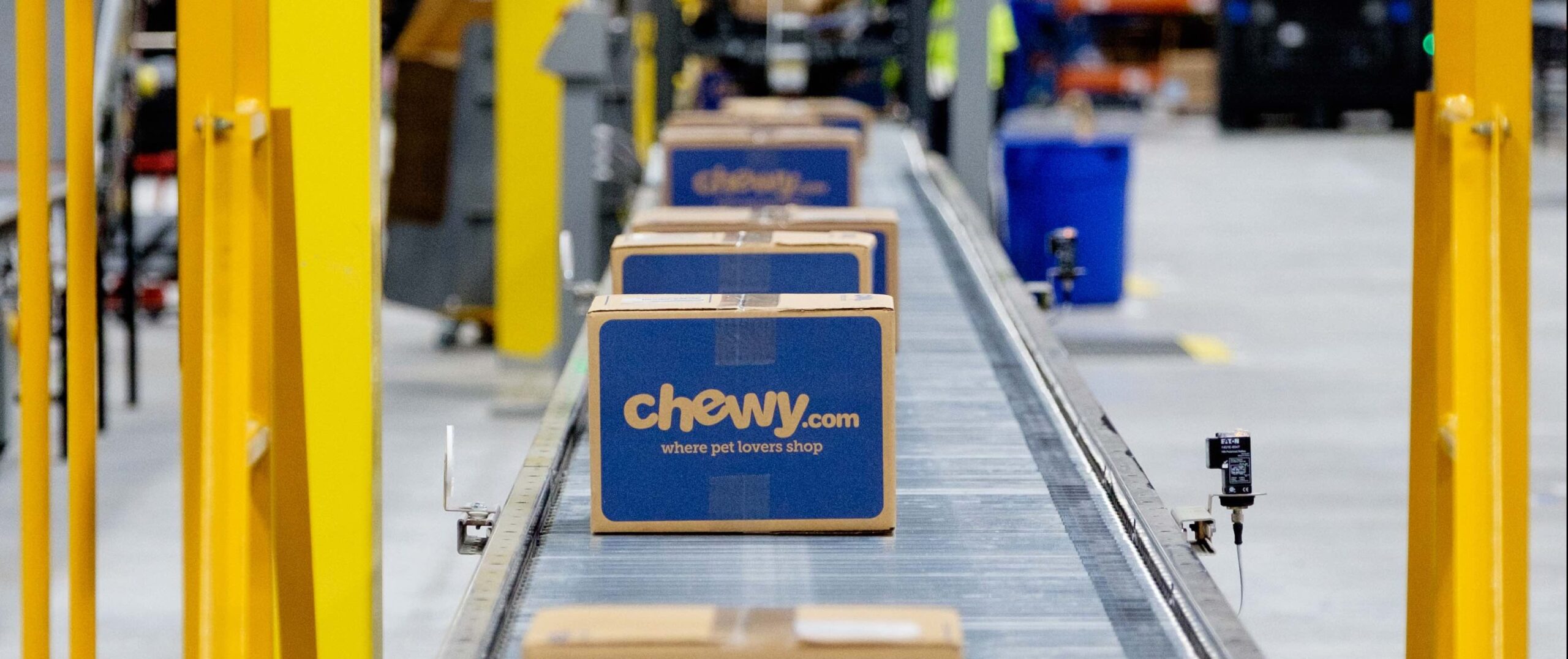A conveyor belt in a warehouse transports cardboard boxes with the Chewy.com logo and slogan “where pet lovers shop.” Yellow beams and various equipment are visible in the background.