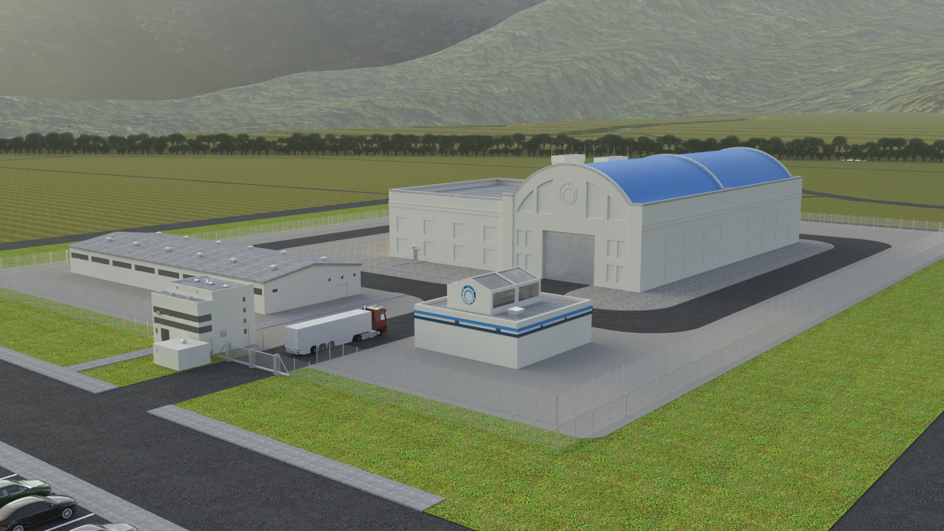 A 3D-rendered image of an industrial facility with white buildings, a tall chimney, a truck at the entrance, and fenced perimeter, set against a backdrop of green fields and mountains.