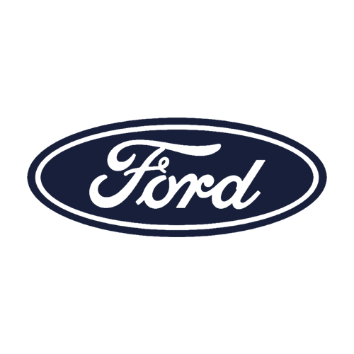 The image shows the Ford logo: the word "Ford" in white, cursive script inside a dark blue oval with a white outline, set against a light gray background.