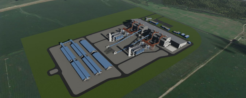 Aerial view of an industrial facility with large buildings, long blue-roofed structures, paved roads, and green fields surrounding the complex.
