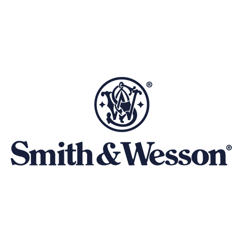 Smith & Wesson logo featuring a stylized circular emblem above the company name in dark blue text on a light background.