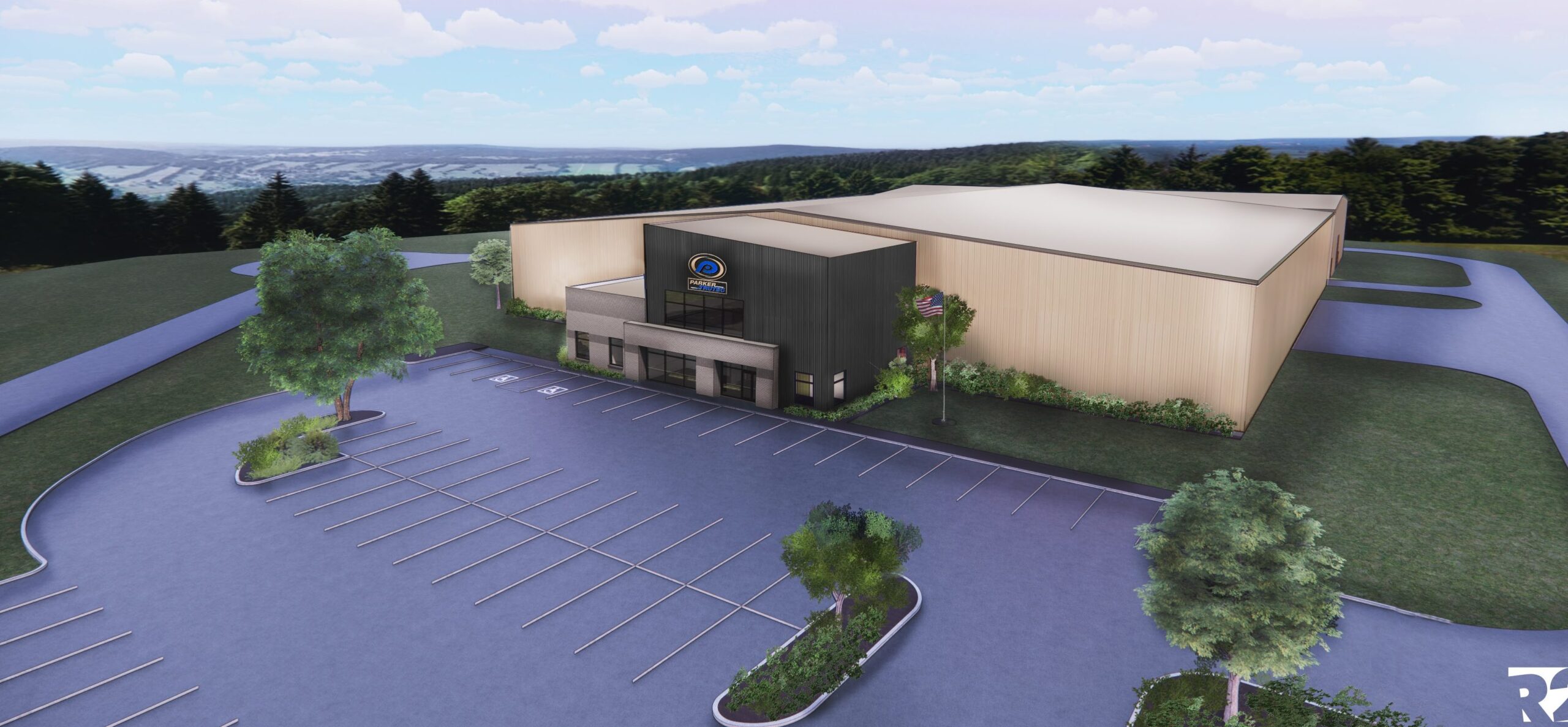 A digital rendering shows a modern, box-shaped building with a large entrance and minimal windows, surrounded by greenery and an empty parking lot under a partly cloudy sky.