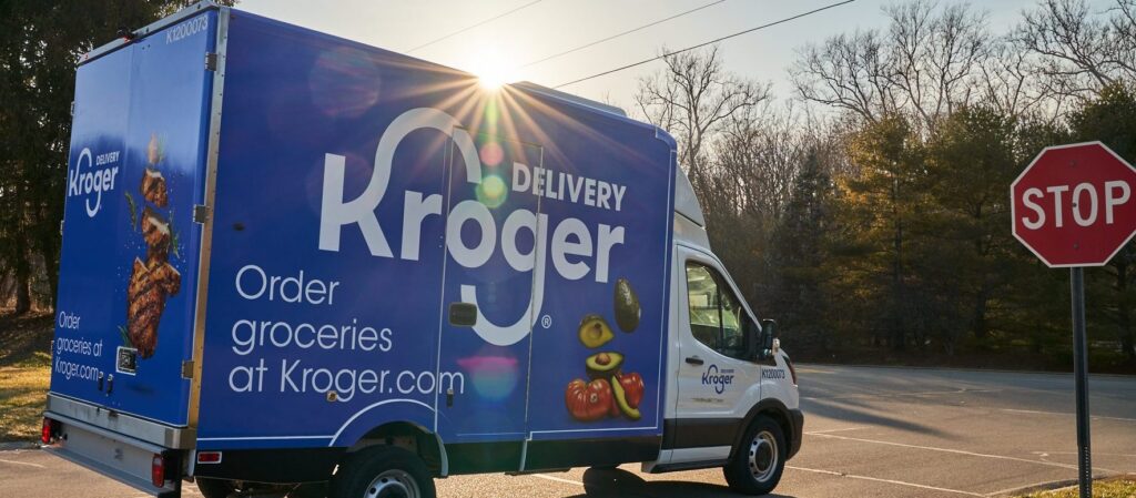 A Kroger delivery truck with "Order groceries at Kroger.com" written on the side is parked near a stop sign on a sunny day. Sunlight shines through trees in the background.