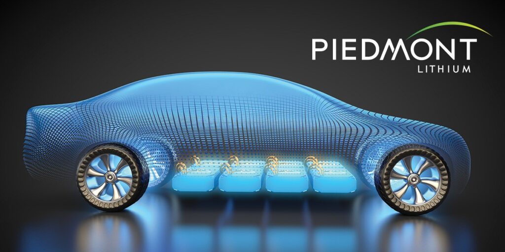 A digital illustration of a car made of blue wireframe with visible battery cells on the underside. The Piedmont Lithium logo appears in the top right corner on a dark background.