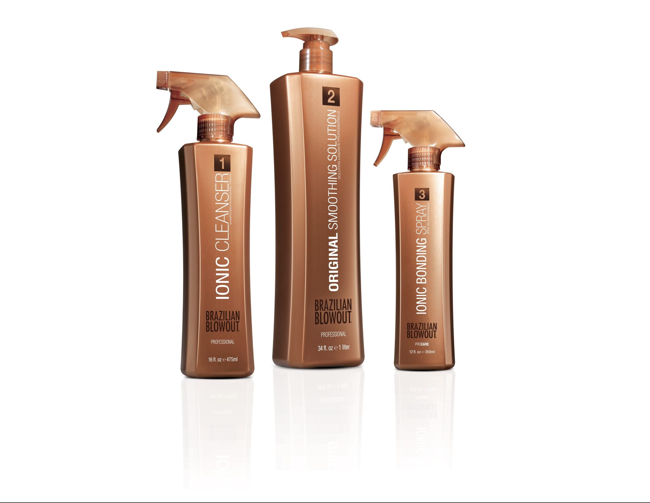 Three bronze-colored bottles of Brazilian Blowout hair products labeled Ionic Cleanser, Original Smoothing Solution, and Ionic Bonding Spray, standing upright on a white background.