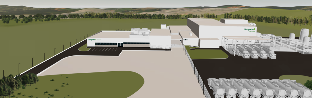 A digital rendering shows an industrial facility with multiple white buildings, parking lots, semi-truck trailers, and green fields with trees and hills in the background. The buildings display "Tangsteel" signage.