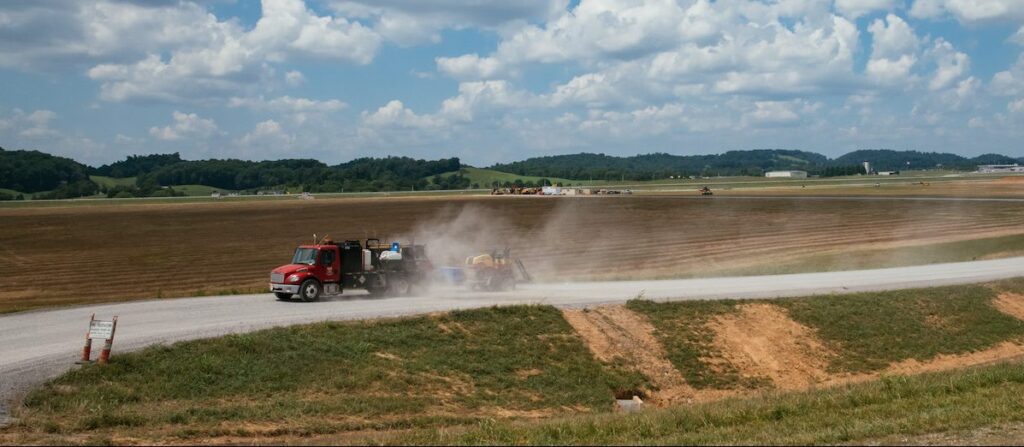 A red truck drives on a rural road, kicking up dust, with open fields, distant hills, and a partly cloudy sky in the background.