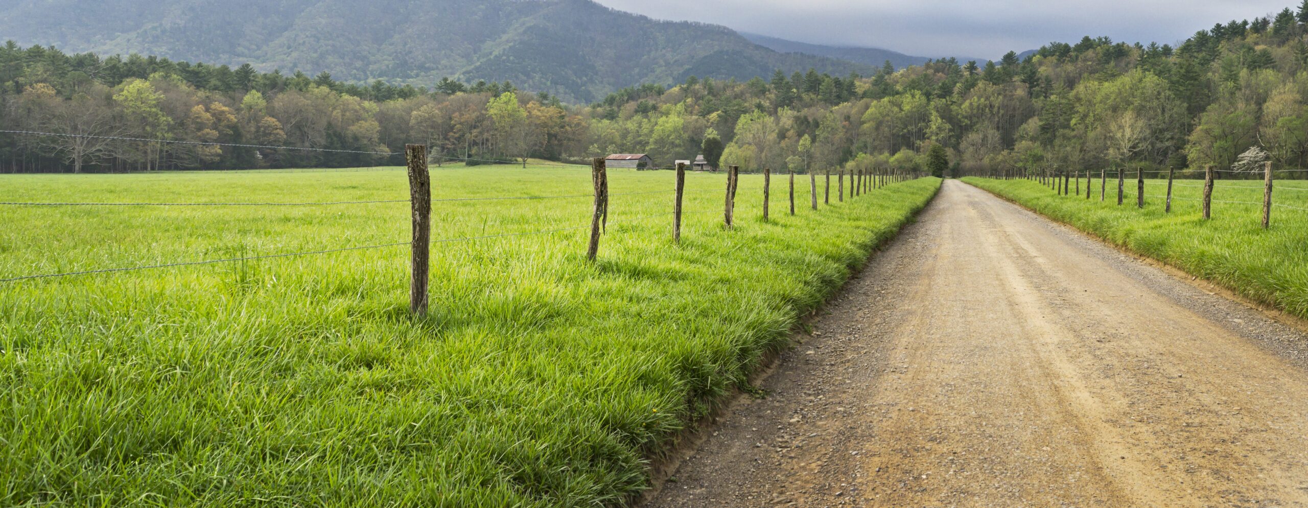A gravel road runs through a green grassy field bordered by wooden fence posts and wire, with trees and mountains in the background under a cloudy sky.