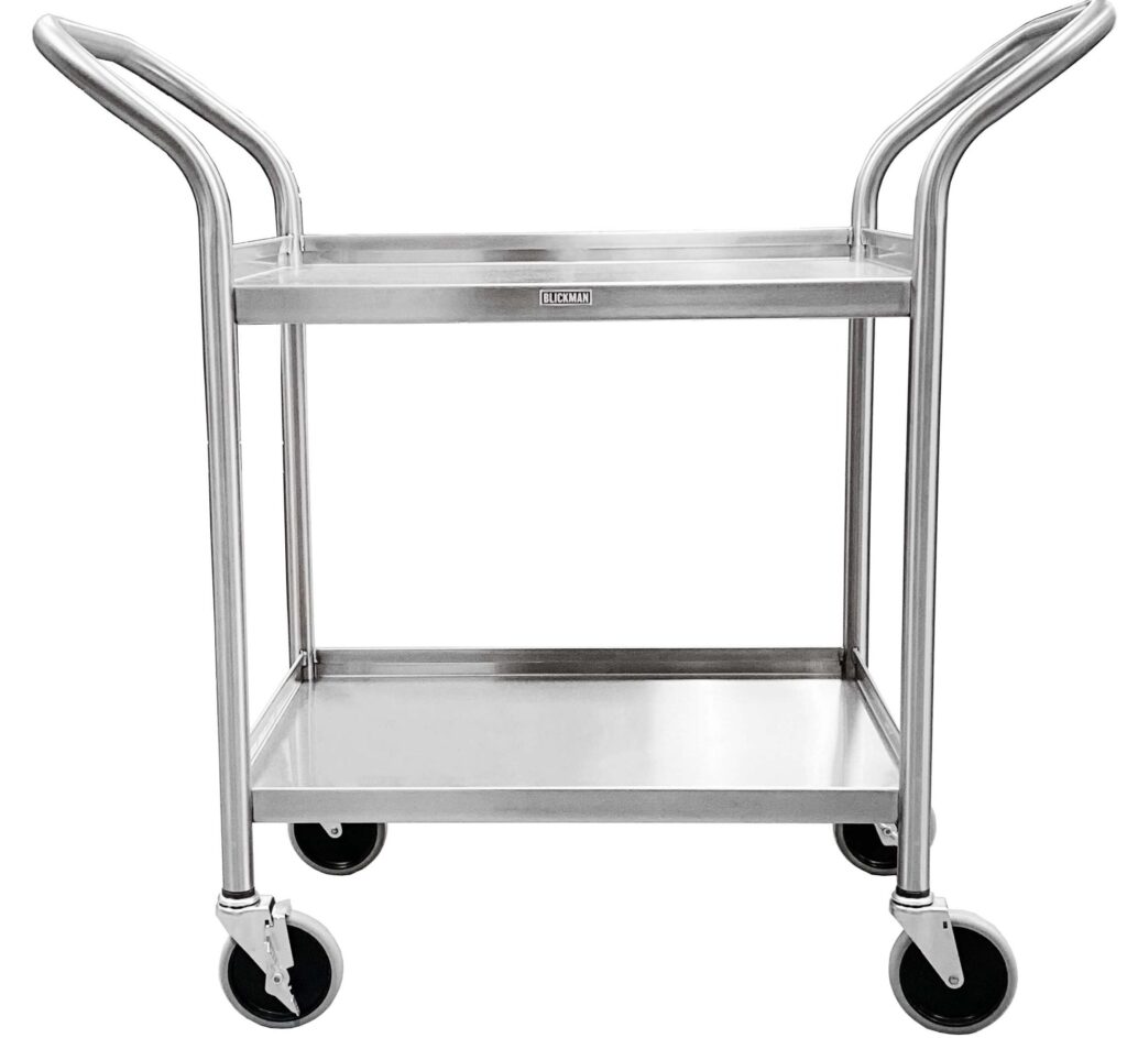 A stainless steel utility cart with two shelves, four swivel caster wheels, and two curved handles for pushing. The cart is empty and shown on a white background.