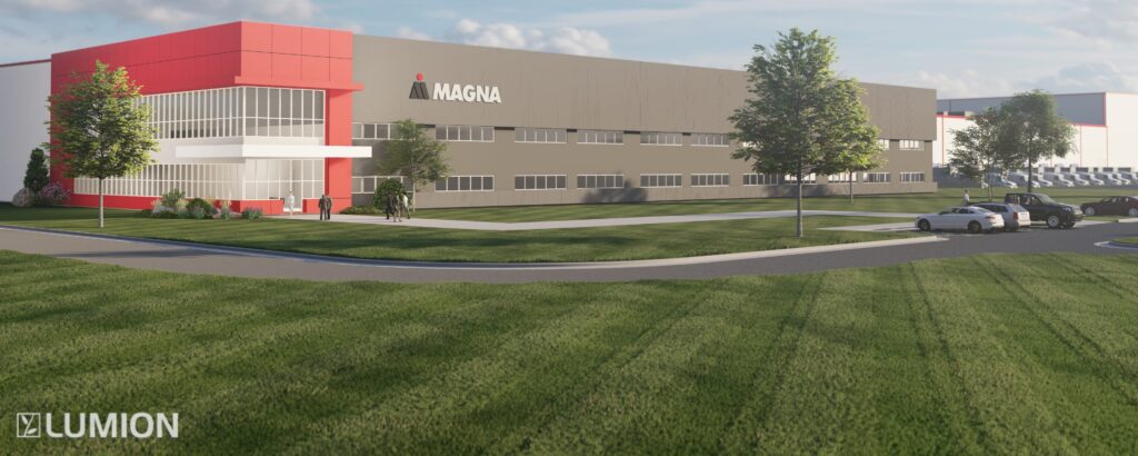 A modern industrial building with a red and gray facade, labeled "MAGNA," surrounded by green grass, trees, and a parking lot with several cars. The image has a bright, clear sky and the Lumion logo in the corner.