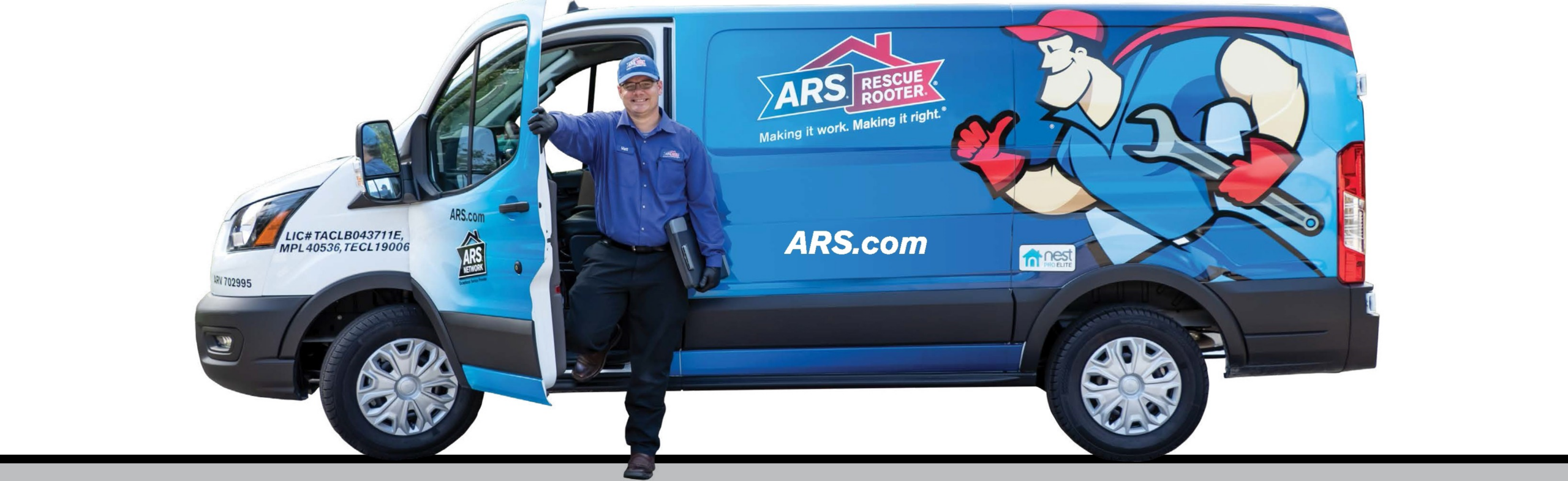 A smiling technician in a blue uniform stands next to an ARS Rescue Rooter van, which is decorated with a cartoon plumber holding tools and company branding. The van door is open, and the technician is leaning on it.