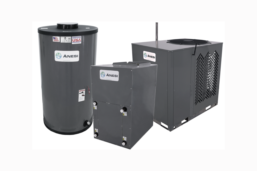 Three gray HVAC units from the brand ANESI, including a cylindrical water tank, a rectangular furnace, and a large outdoor condenser unit, displayed side by side on a white background.