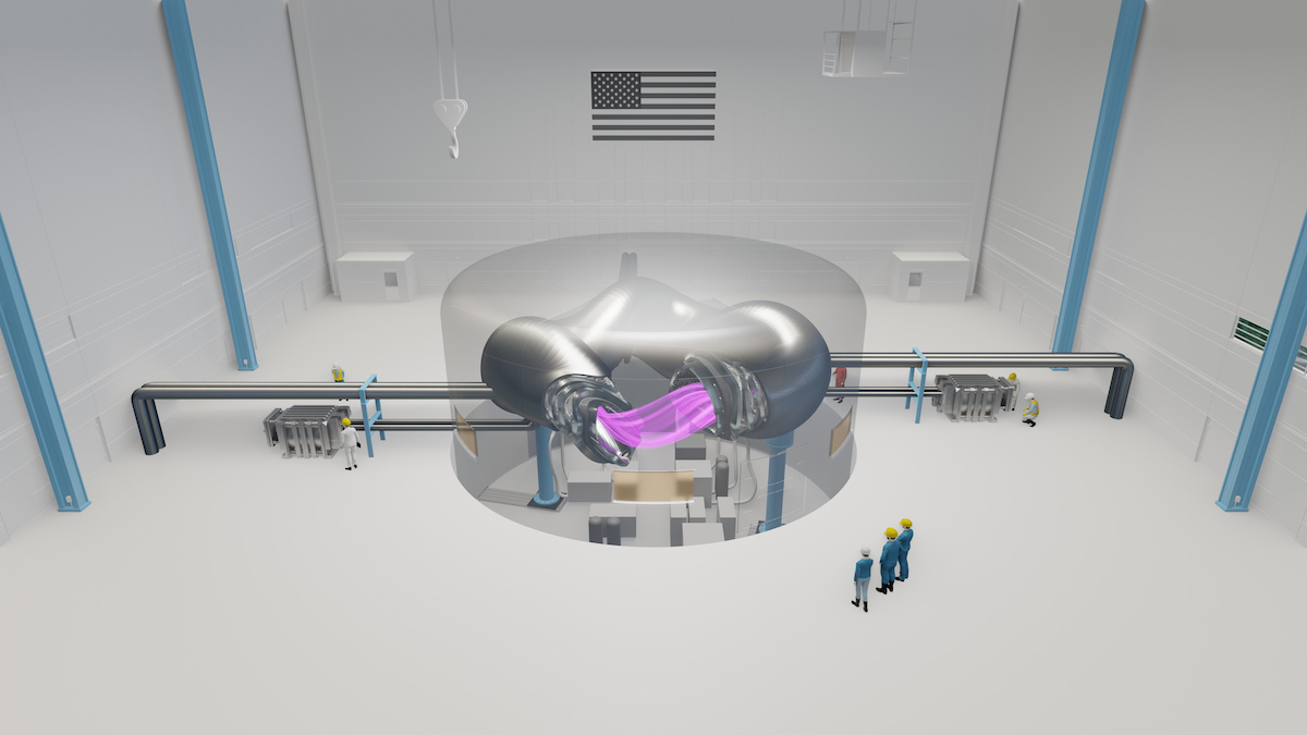 A digital rendering of a futuristic fusion reactor inside a large, white industrial facility, with four workers in hard hats observing. A U.S. flag hangs on the wall. The reactor emits a purple light at its center.