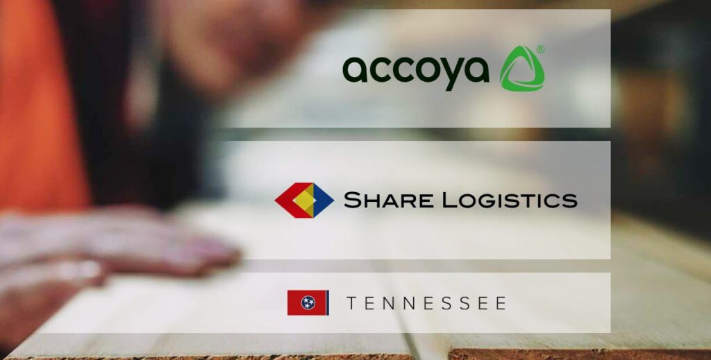 Logos for Accoya and Share Logistics appear above the word "Tennessee" with the Tennessee state flag. In the background, a person works with light-colored wooden planks.