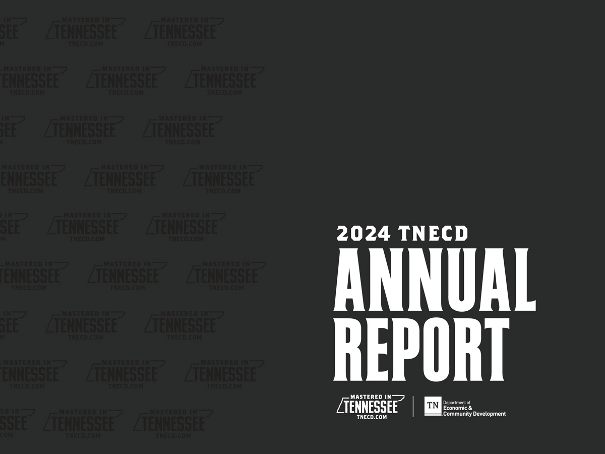 Dark gray cover page with large white text reading "2024 TNECD Annual Report." Logos for "Mastered by Tennessee" and the Tennessee Department of Economic & Community Development are at the bottom.