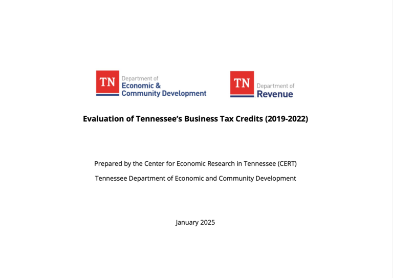 Title page of a report with Tennessee state logos, reading “Evaluation of Tennessee’s Business Tax Credits (2019-2022),” prepared by CERT, Tennessee Department of Economic and Community Development, January 2025.